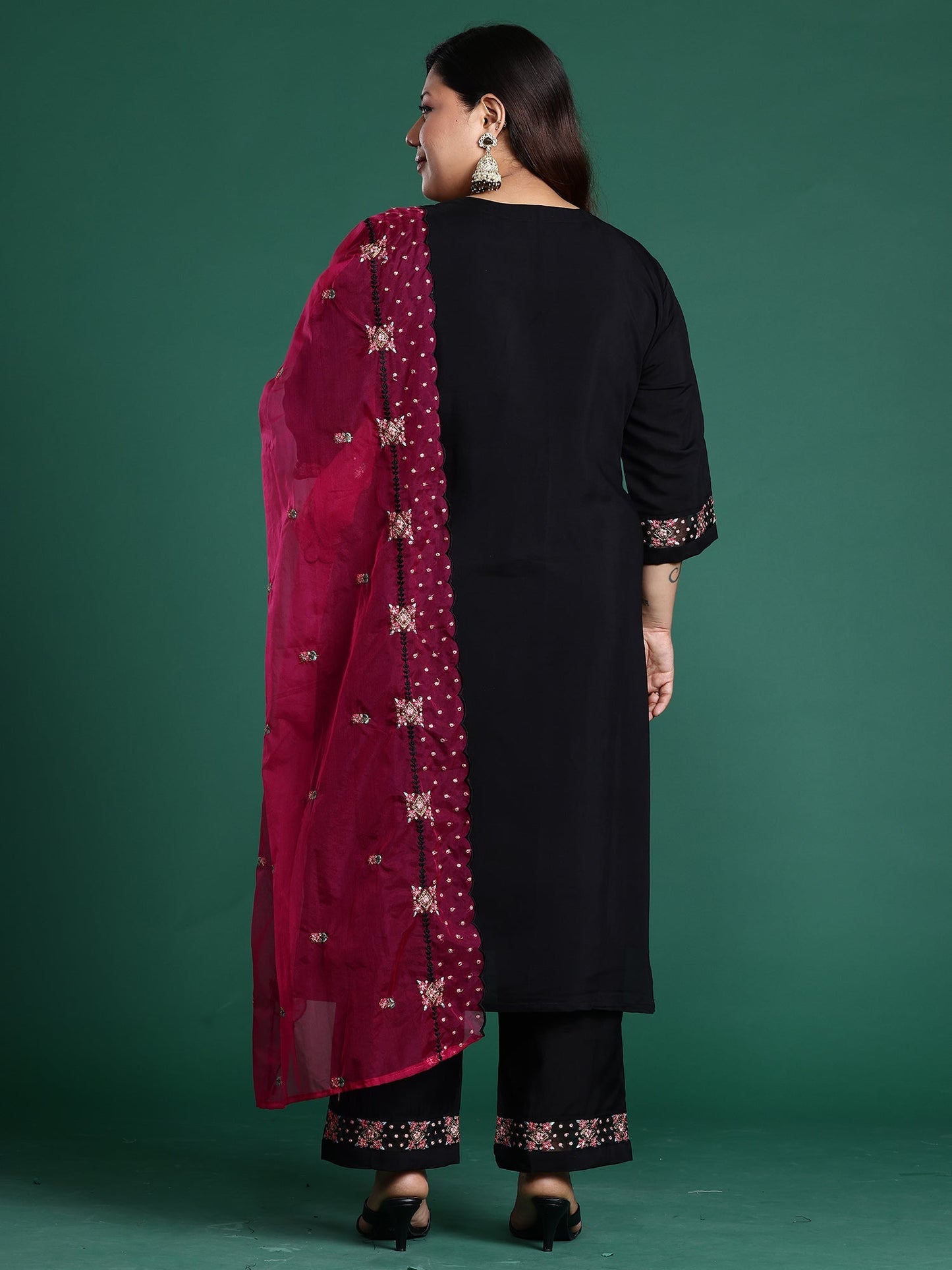 Black Embroidered Straight Kurta Trousers With Dupatta Set