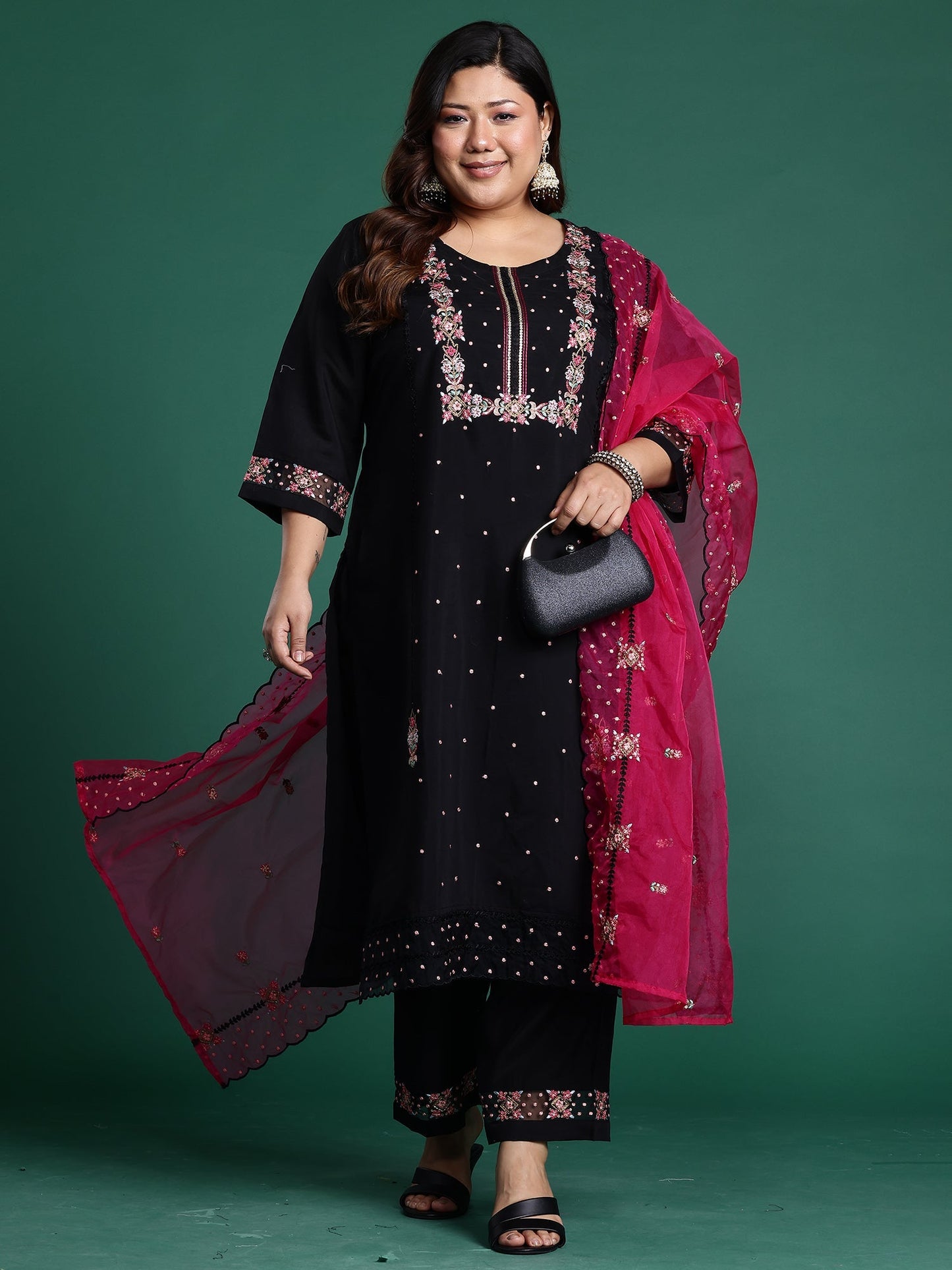 Black Embroidered Straight Kurta Trousers With Dupatta Set