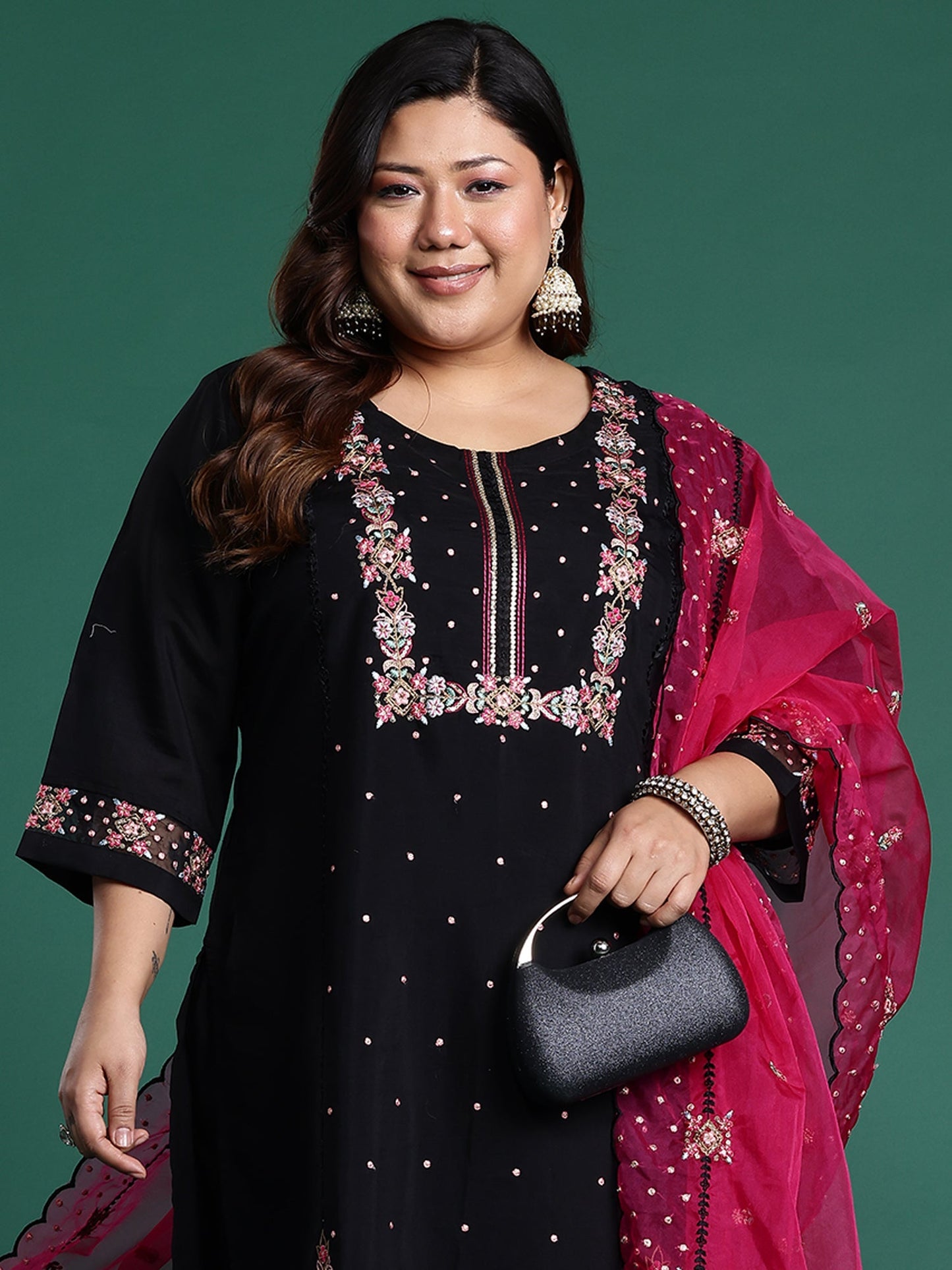 Black Embroidered Straight Kurta Trousers With Dupatta Set