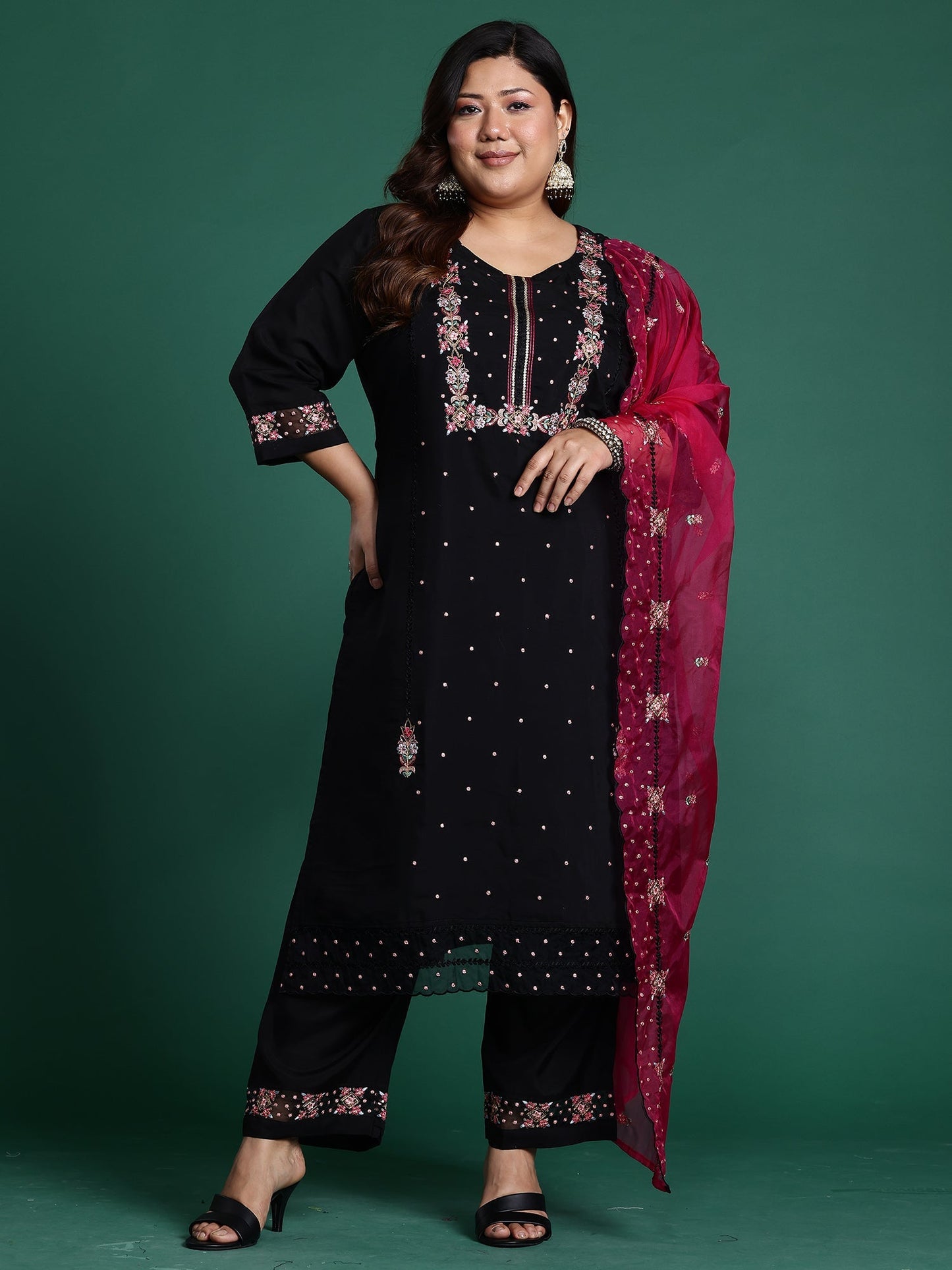 Black Embroidered Straight Kurta Trousers With Dupatta Set
