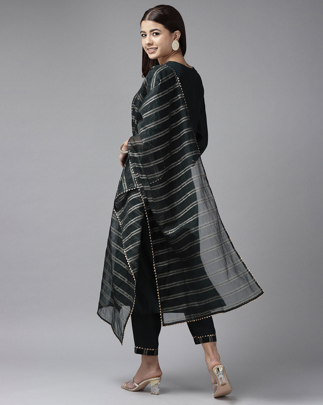 Indo Era Green Solid Straight Kurta Trouser With Dupatta Set