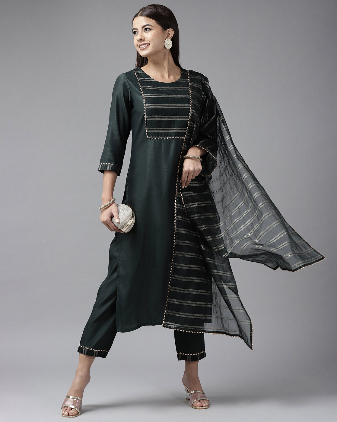 Indo Era Green Solid Straight Kurta Trouser With Dupatta Set