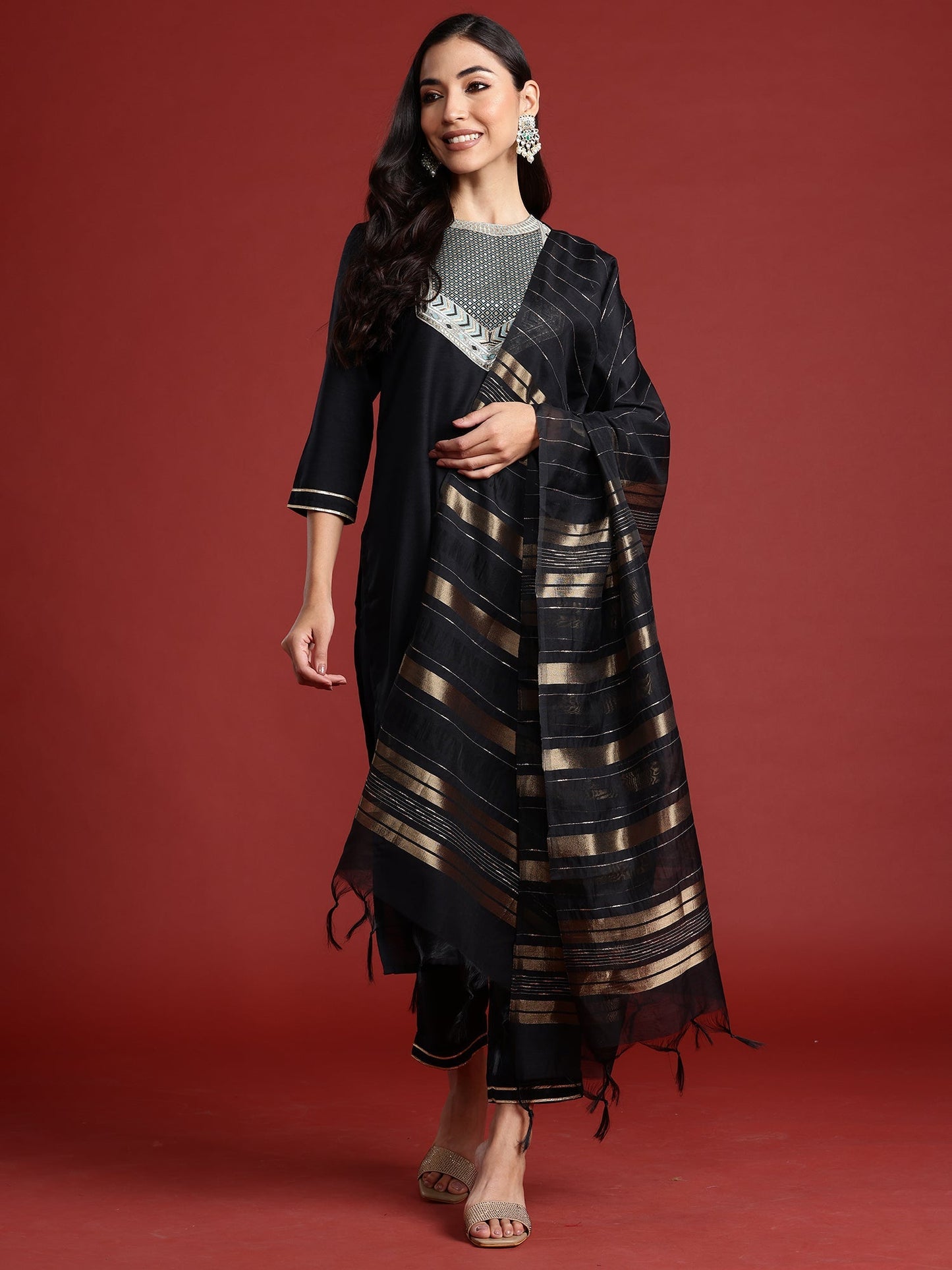 Indo Era Black Self Design Straight Kurta Trousers With Dupatta set