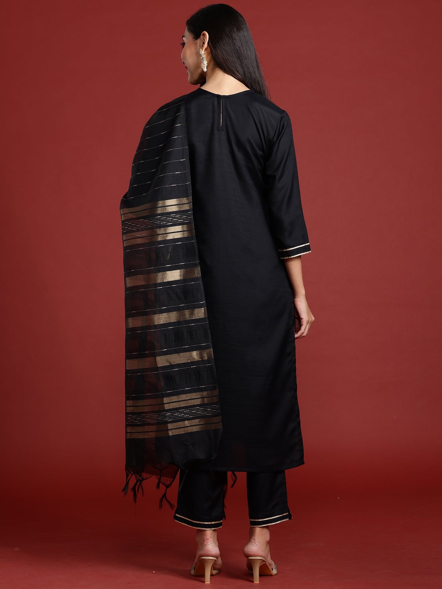 Indo Era Black Self Design Straight Kurta Trousers With Dupatta set