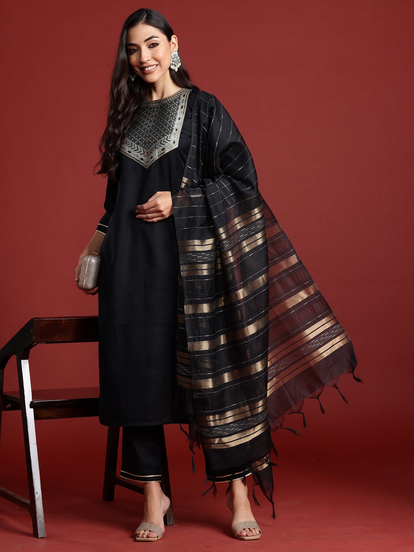 Indo Era Black Self Design Straight Kurta Trousers With Dupatta set