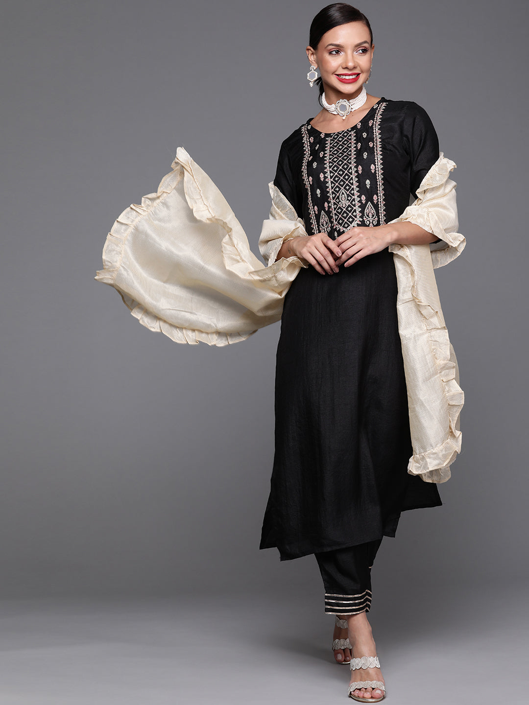 Indo Era Black Embroidred Kurta Trouser With Dupatta Set