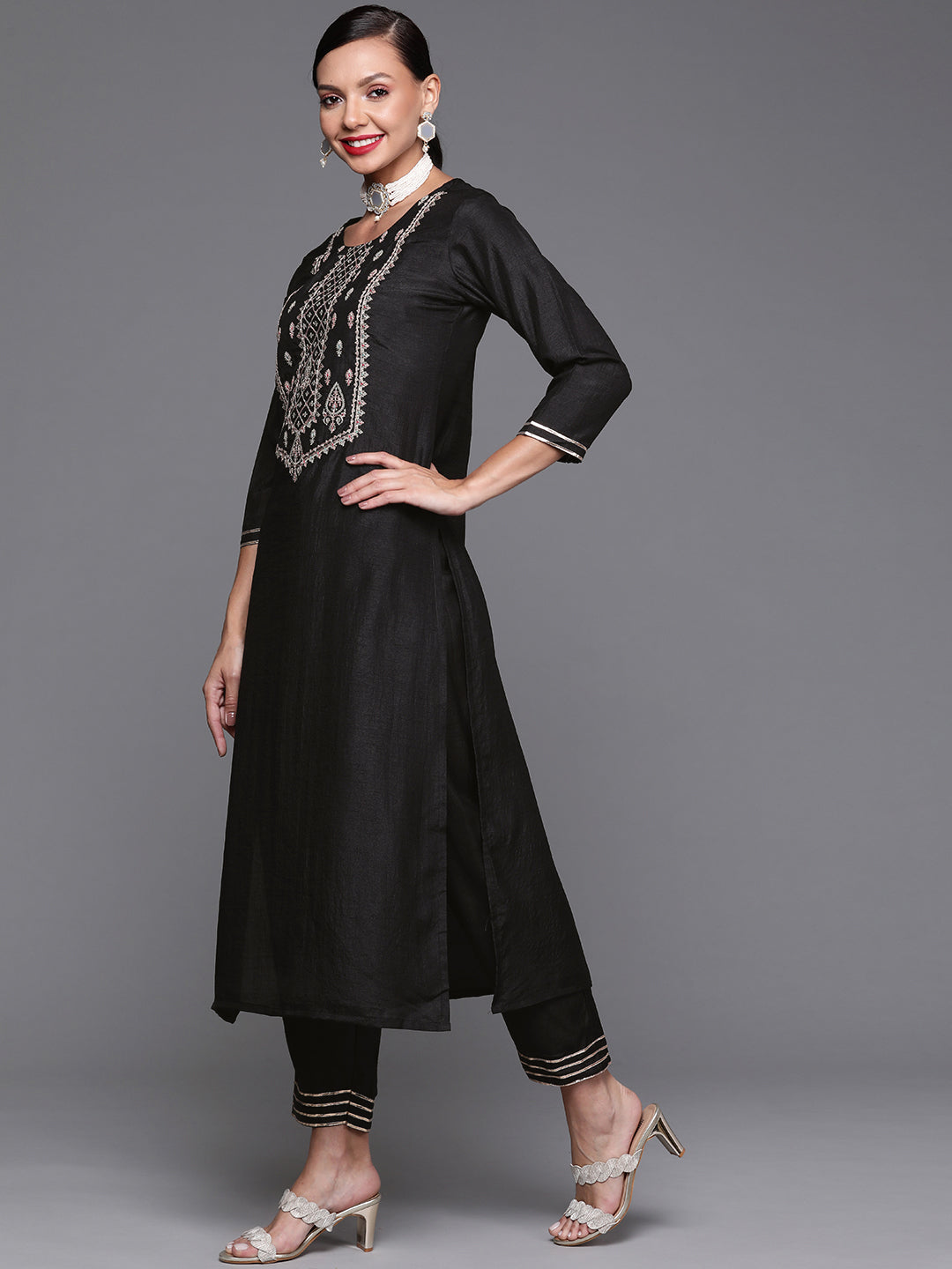 Indo Era Black Embroidred Kurta Trouser With Dupatta Set