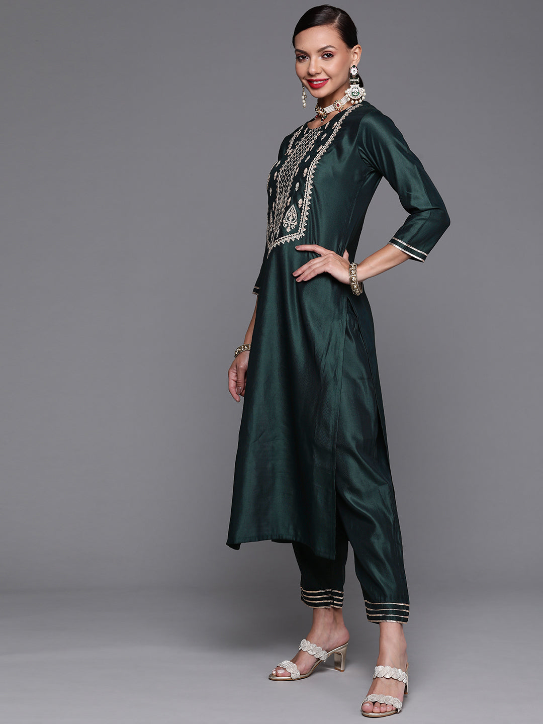 Indo Era Green Embroidred Straight Kurta Trouser With Dupatta Set