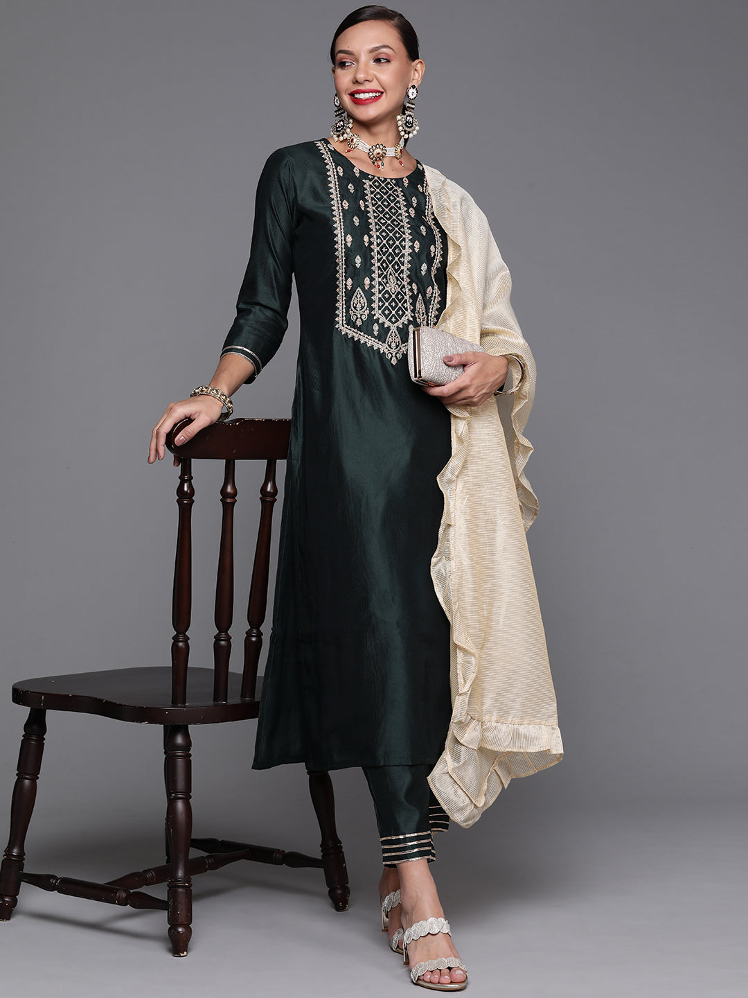 Indo Era Green Embroidred Straight Kurta Trouser With Dupatta Set