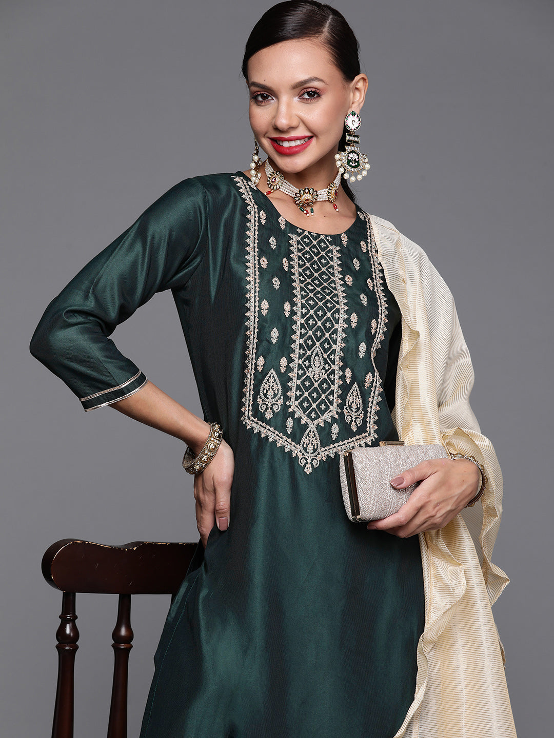 Indo Era Green Embroidred Straight Kurta Trouser With Dupatta Set