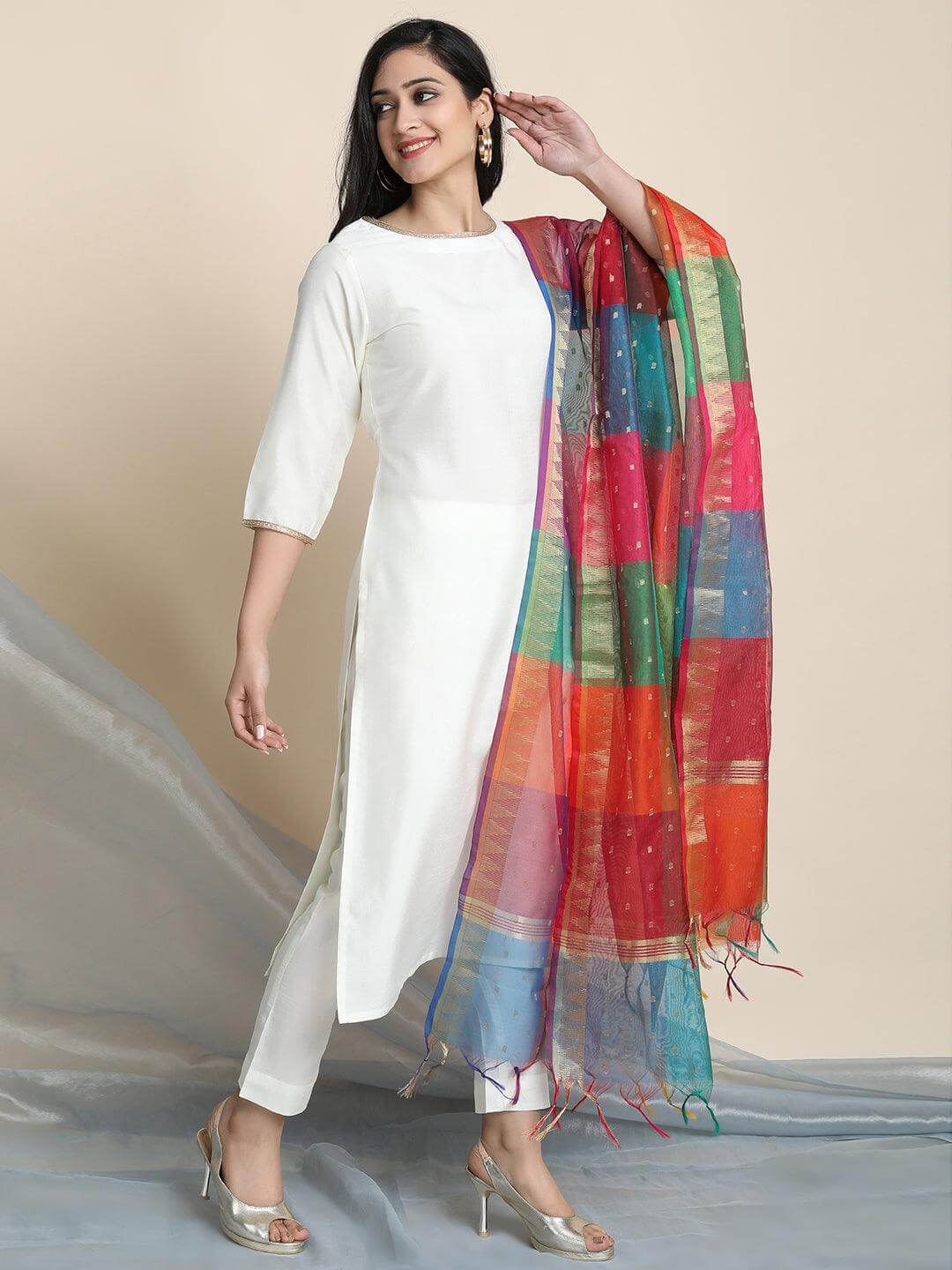 Off-White Poly Silk Solid Kurta With Pant And Dupatta Silae