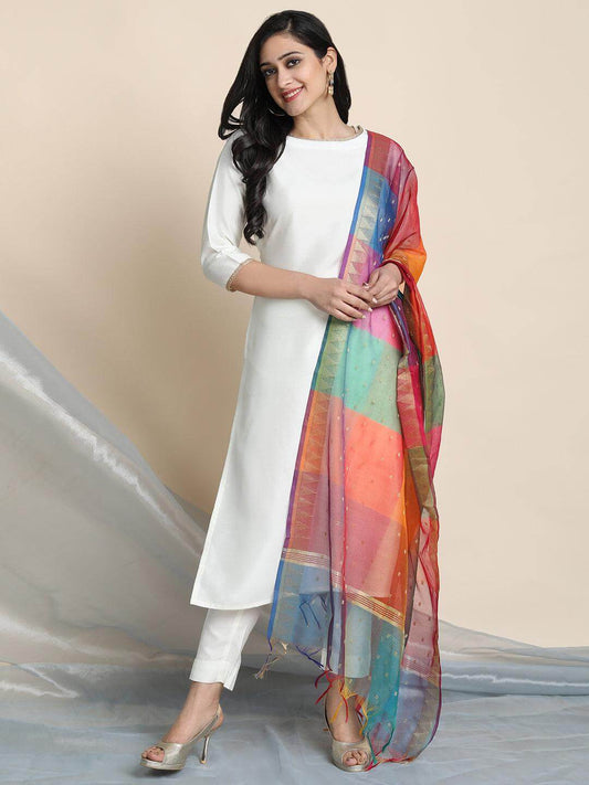 Off-White Poly Silk Solid Kurta With Pant And Dupatta Silae