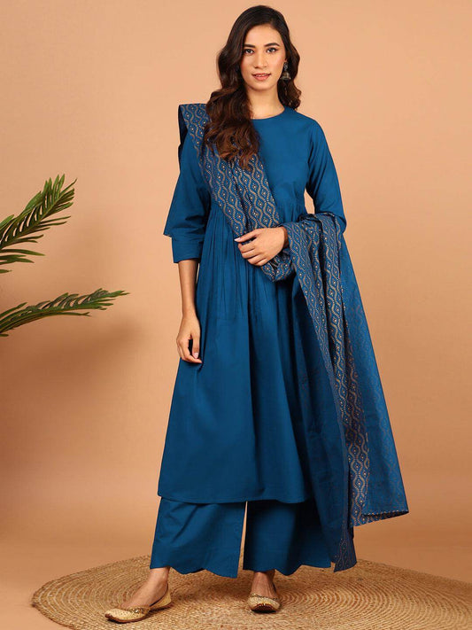 Blue Cotton Solid Kurta With Palazzo And Dupatta Silae