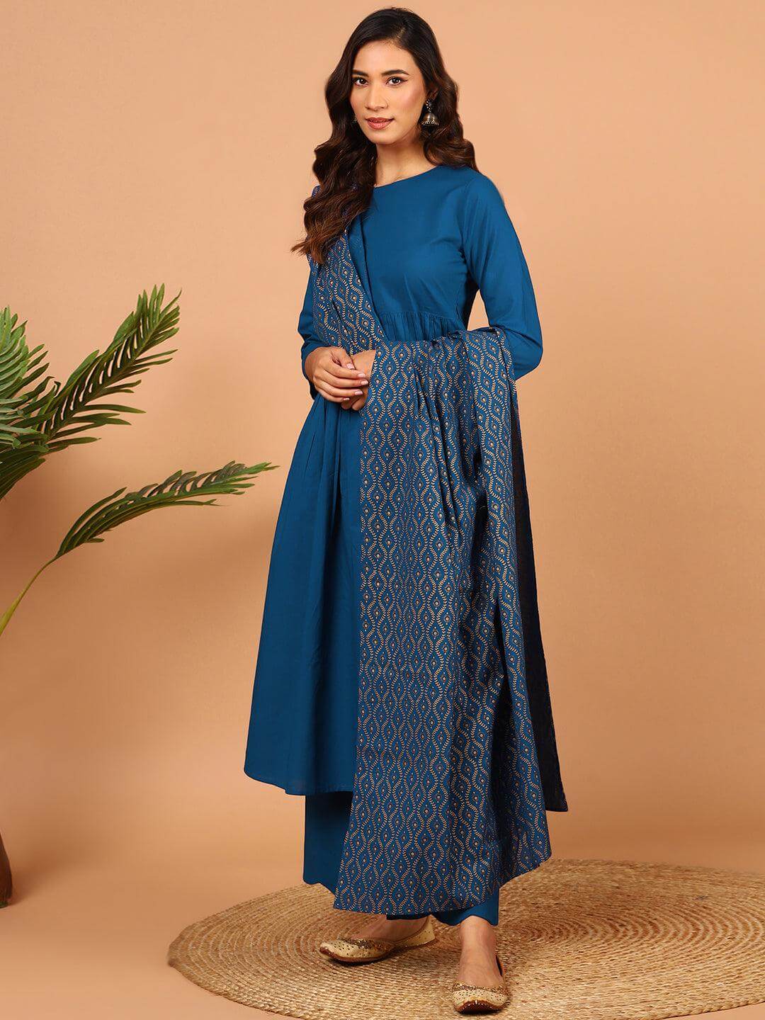 Blue Cotton Solid Kurta With Palazzo And Dupatta Silae