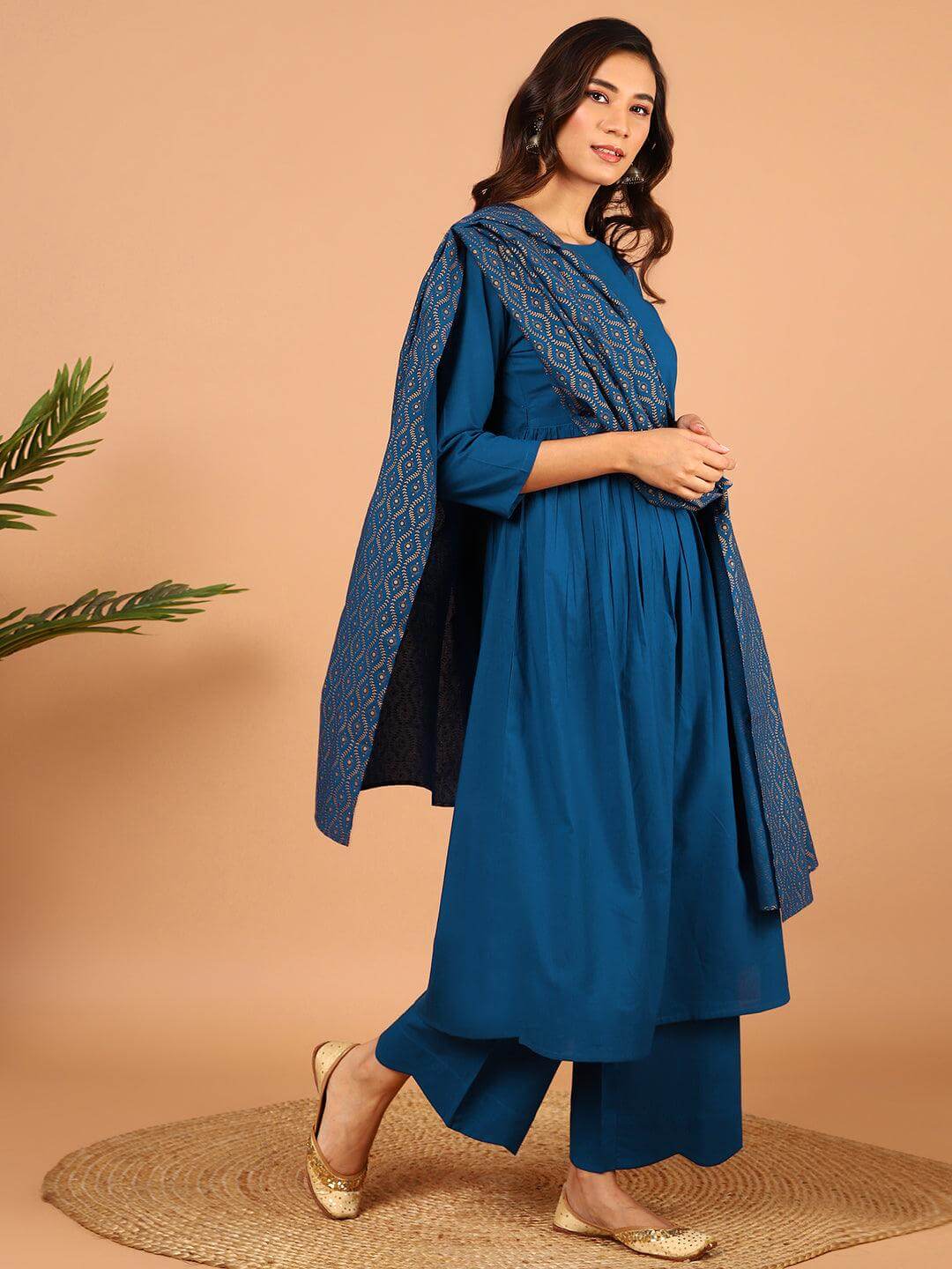 Blue Cotton Solid Kurta With Palazzo And Dupatta Silae