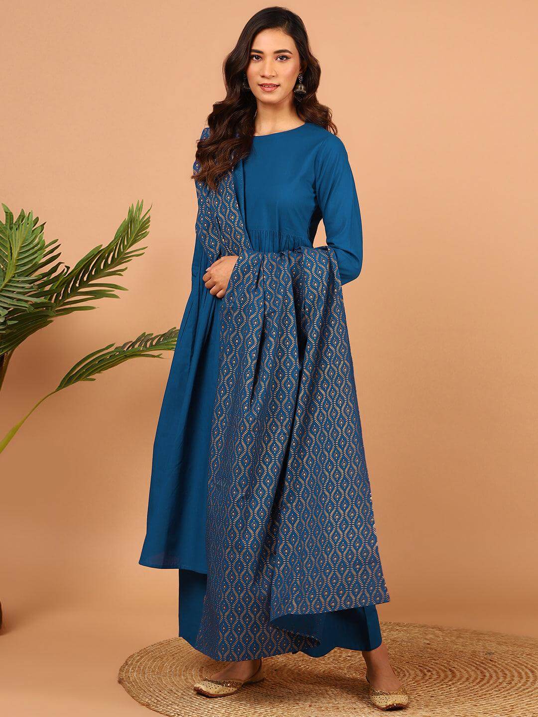 Blue Cotton Solid Kurta With Palazzo And Dupatta Silae
