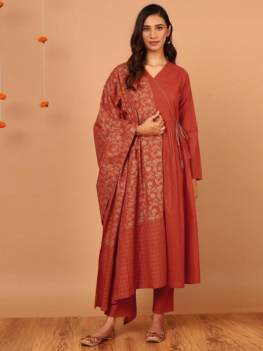 Orange Cotton Striped Kurta With Pant And Dupatta Silae