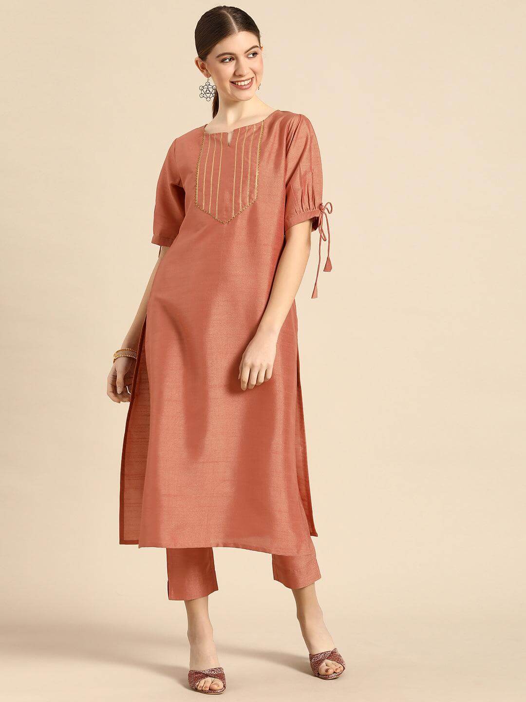 Peach Poly Silk Embellished Kurta With Pant