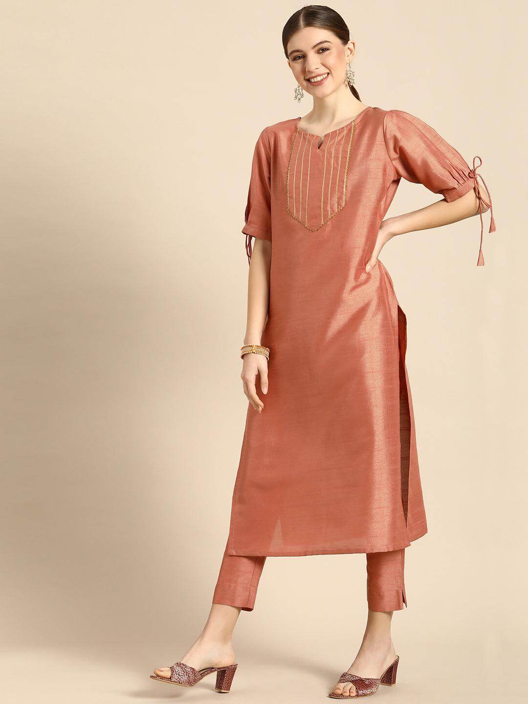Peach Poly Silk Embellished Kurta With Pant