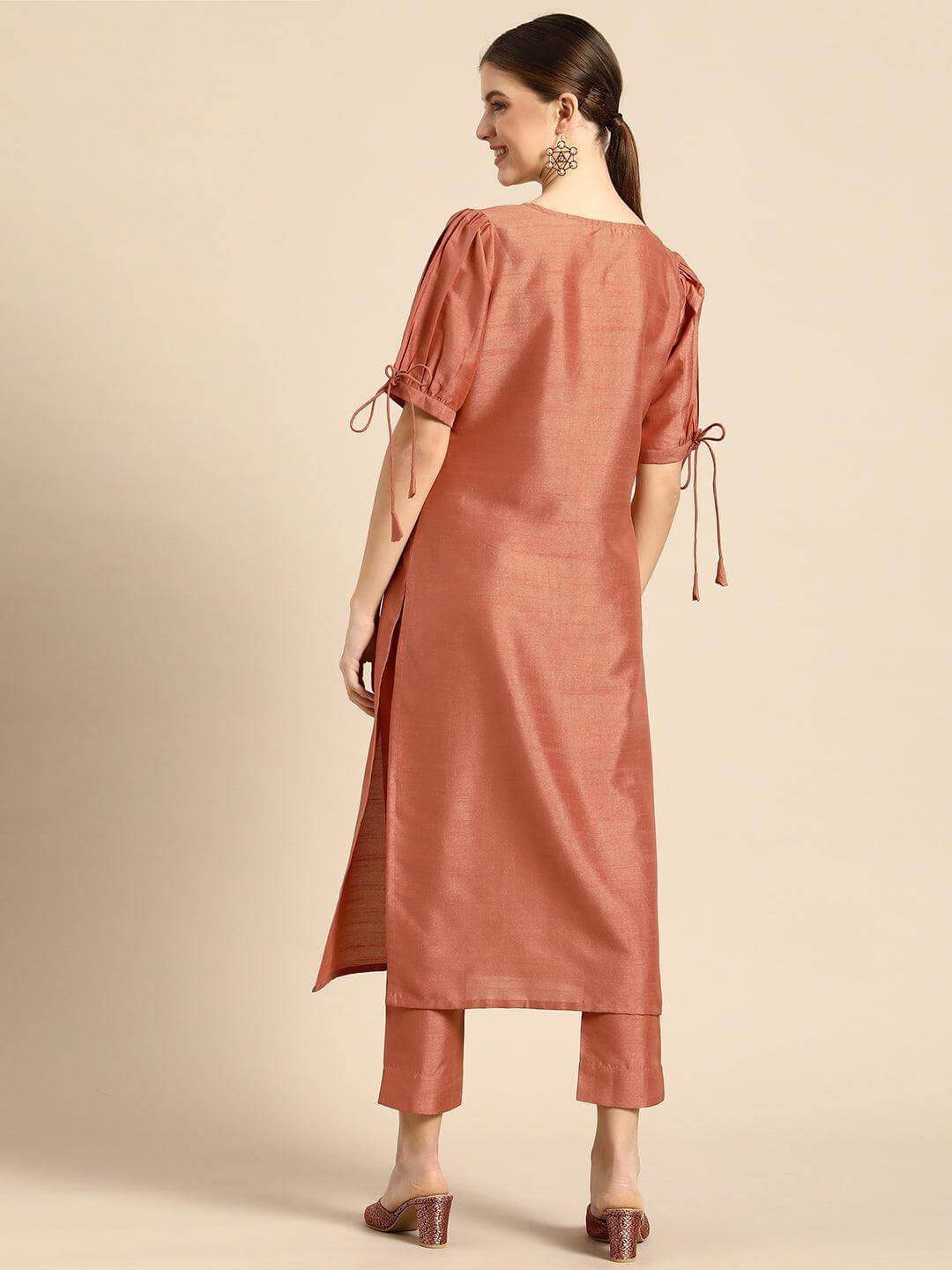 Peach Poly Silk Embellished Kurta With Pant