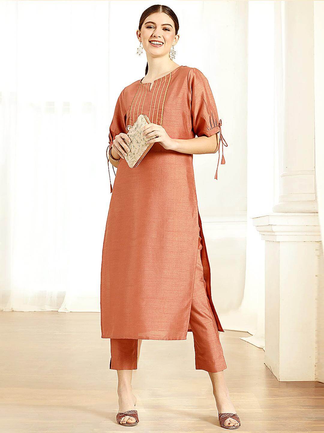 Peach Poly Silk Embellished Kurta With Pant