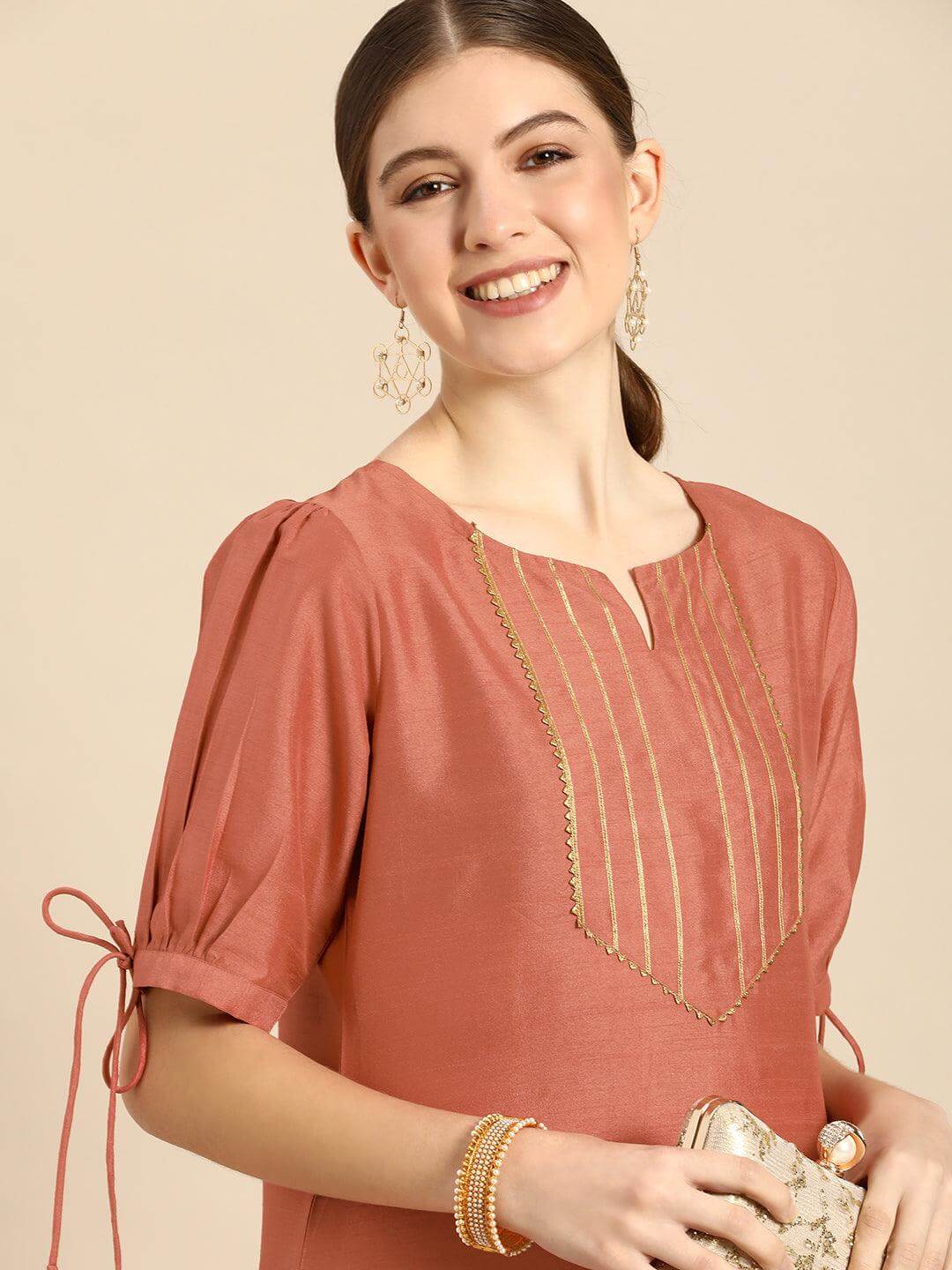 Peach Poly Silk Embellished Kurta With Pant
