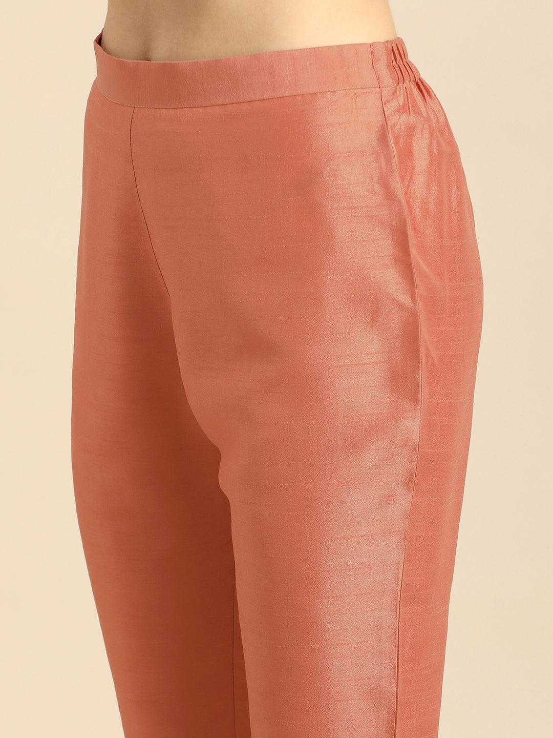 Peach Poly Silk Embellished Kurta With Pant