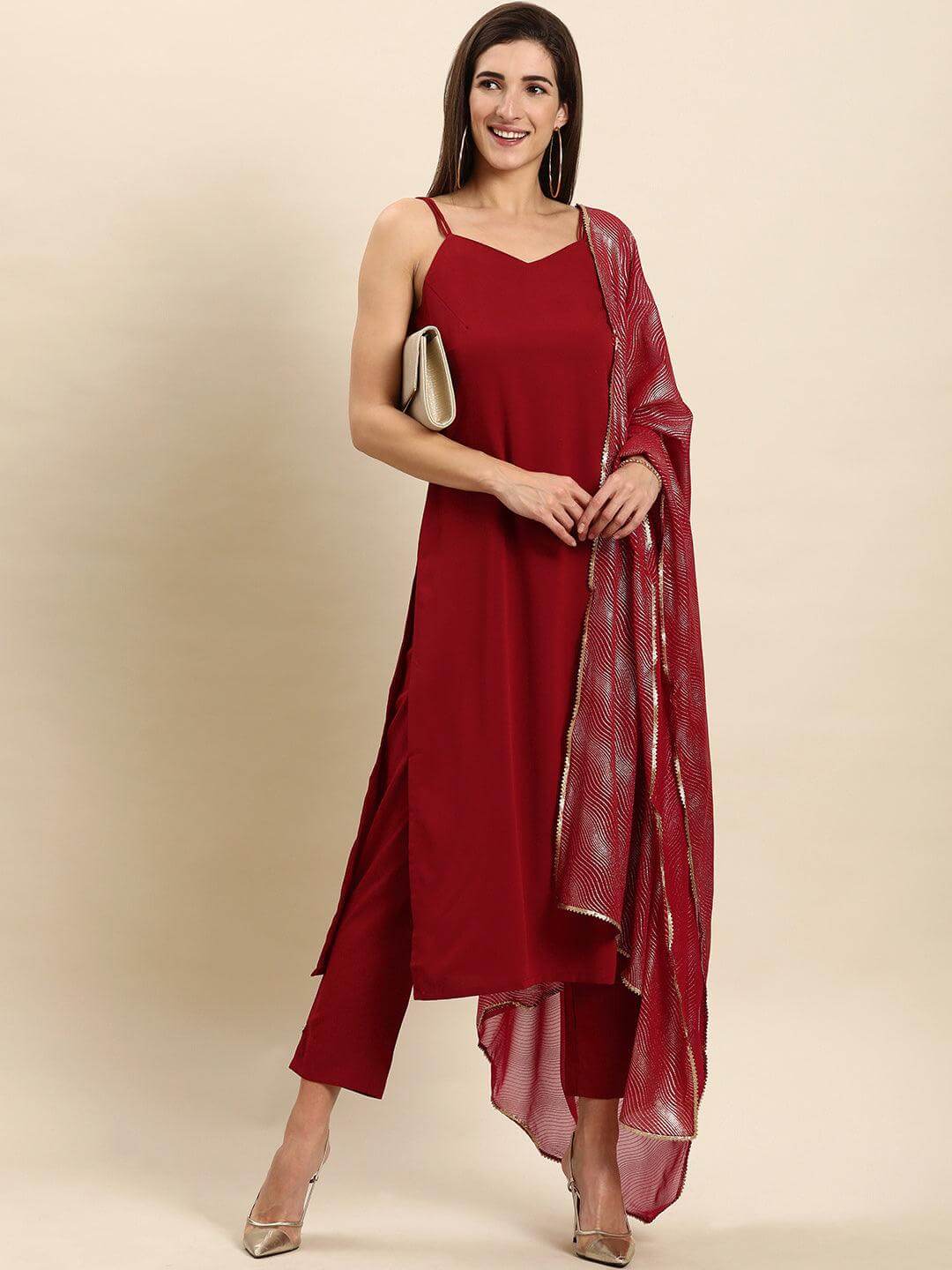 Maroon Poly Crepe Solid Kurta With Pant And Dupatta