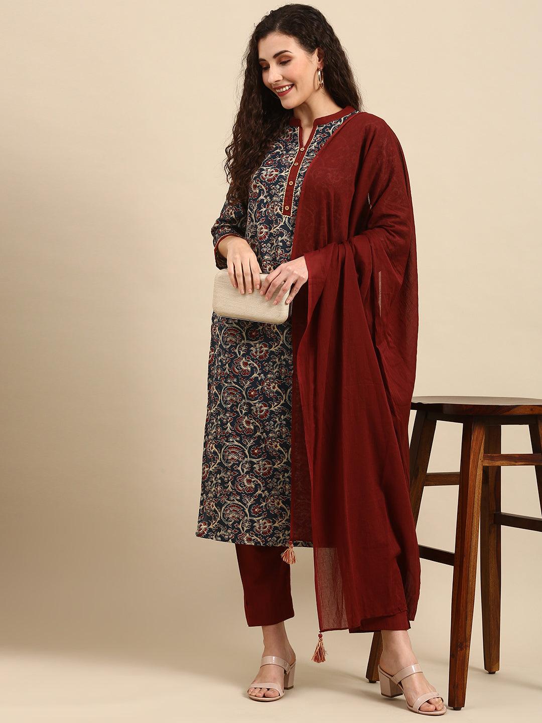 Teal Blue Cotton Floral Print Kurta With Pant And Dupatta