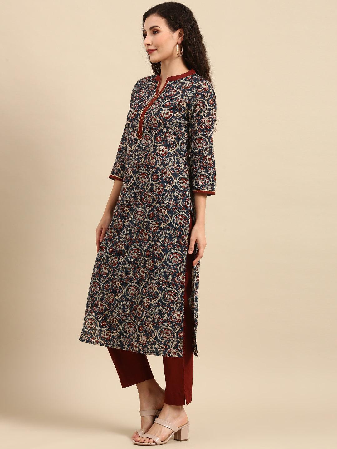 Teal Blue Cotton Floral Print Kurta With Pant And Dupatta
