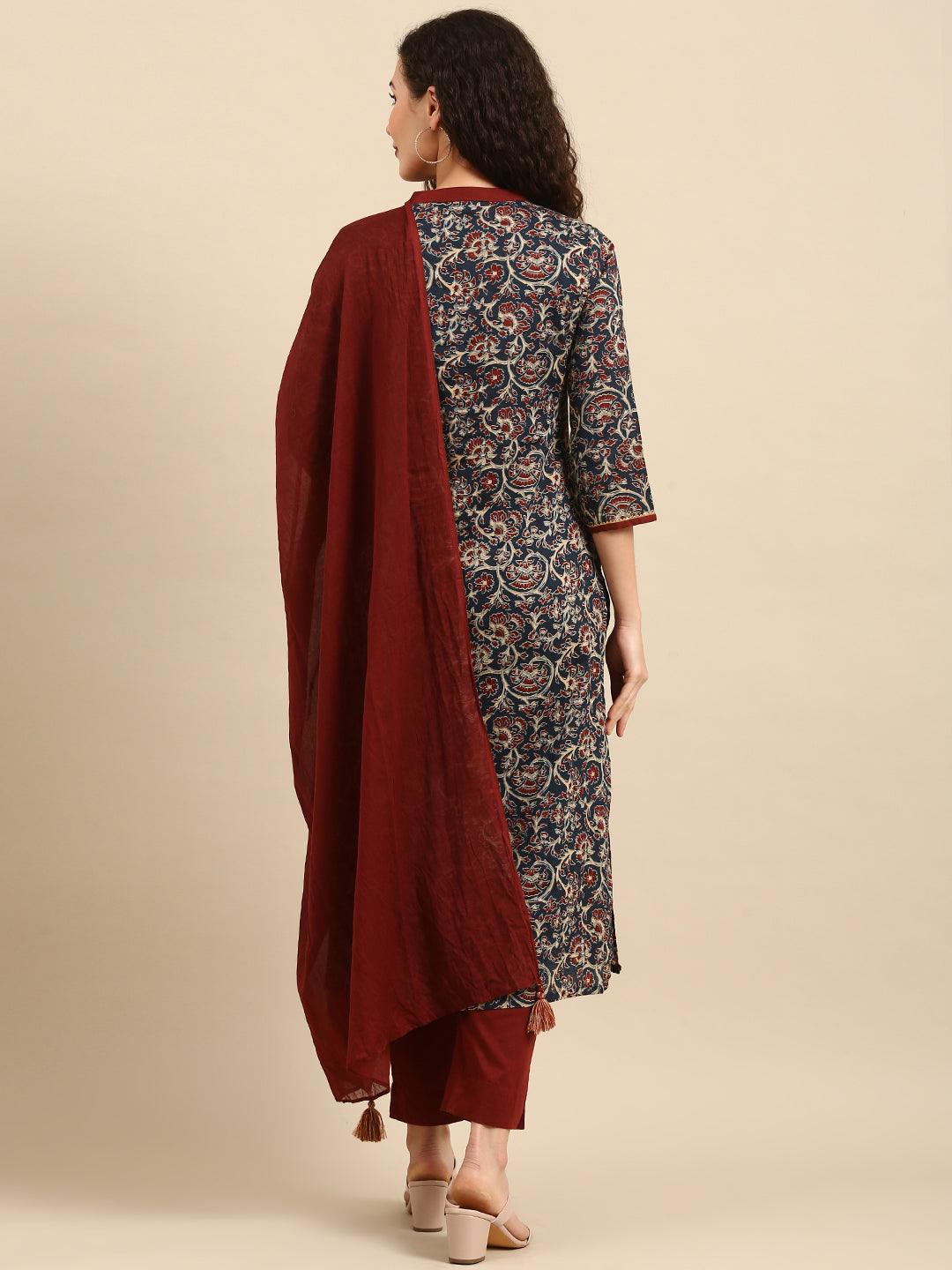 Teal Blue Cotton Floral Print Kurta With Pant And Dupatta