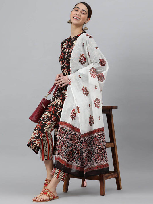 Black Cotton Botanical Print Kurta With Pant And Dupatta Silae