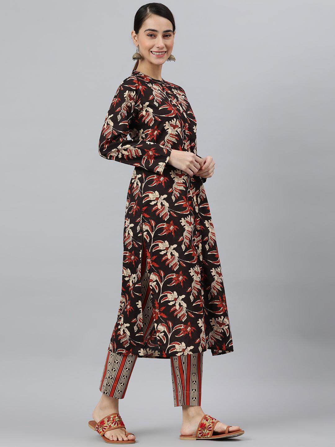 Black Cotton Botanical Print Kurta With Pant And Dupatta Silae