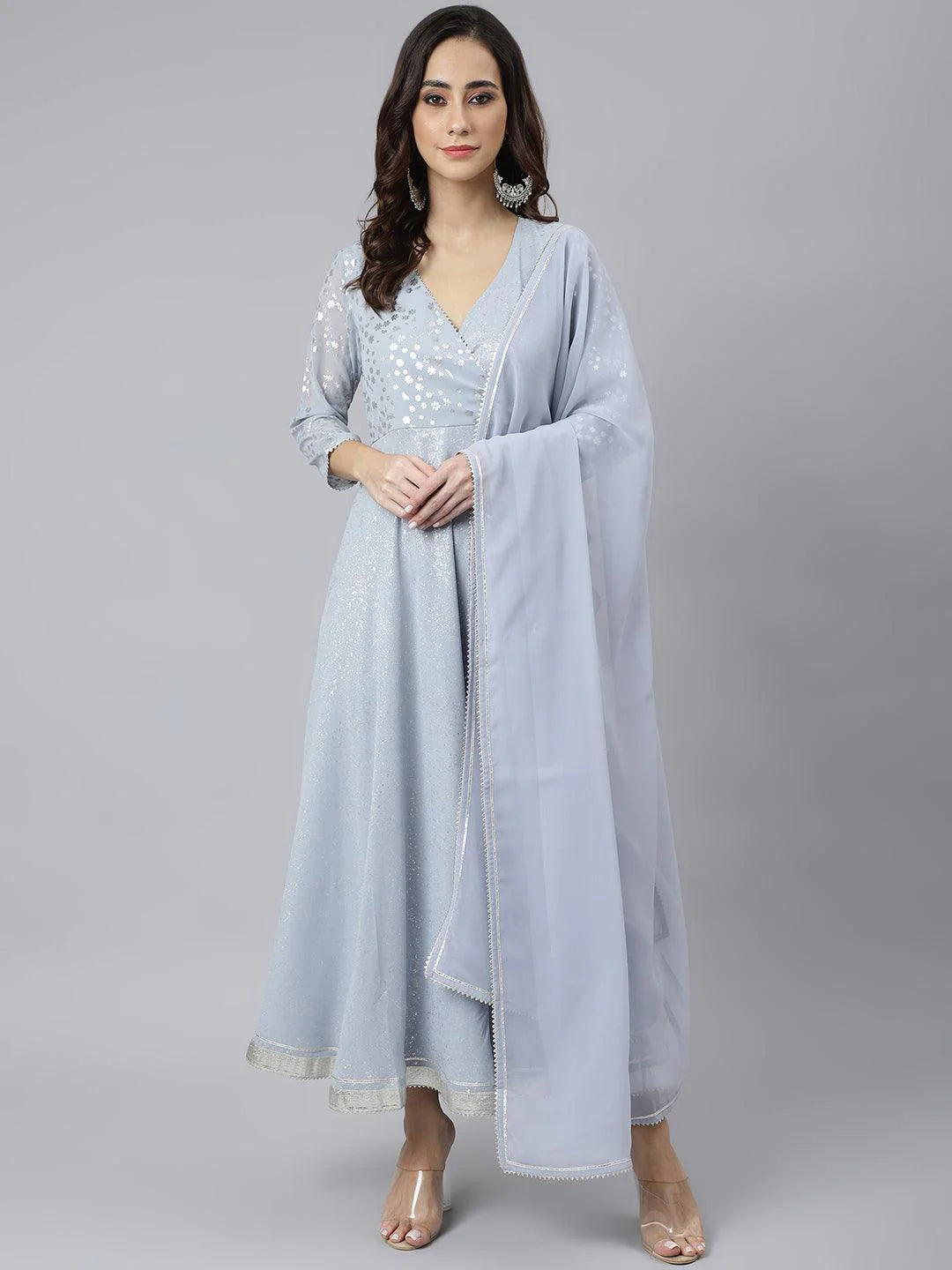 Grey Georgette Foil Print Kurta With Dupatta