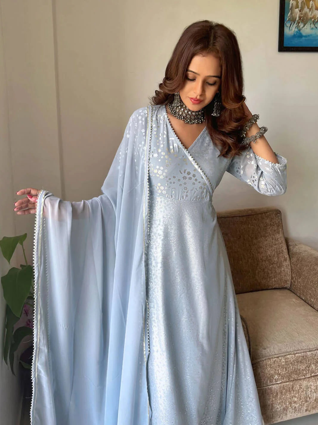 Grey Georgette Foil Print Kurta With Dupatta