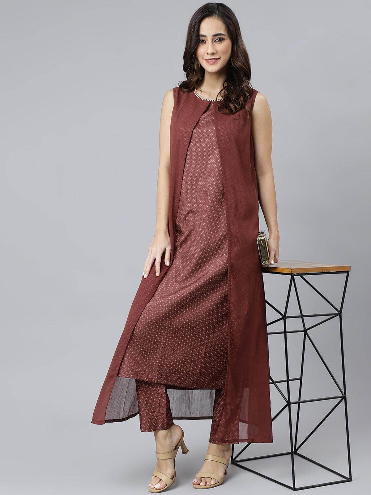 Brown Poly Silk Foil Print Kurta With Pant