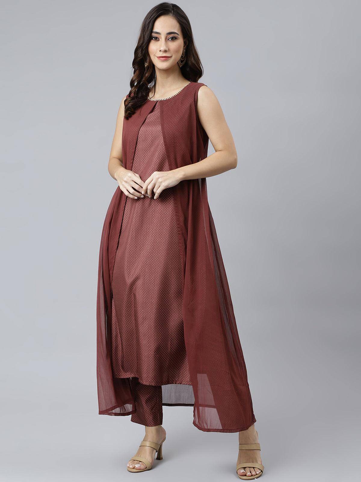 Brown Poly Silk Foil Print Kurta With Pant