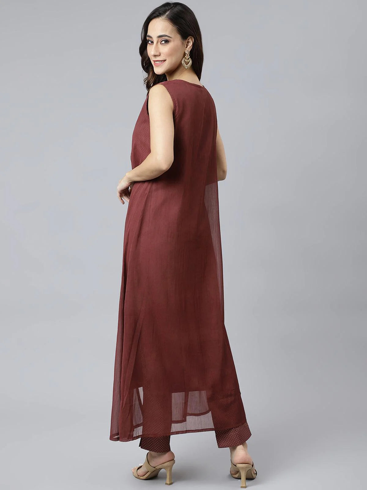 Brown Poly Silk Foil Print Kurta With Pant