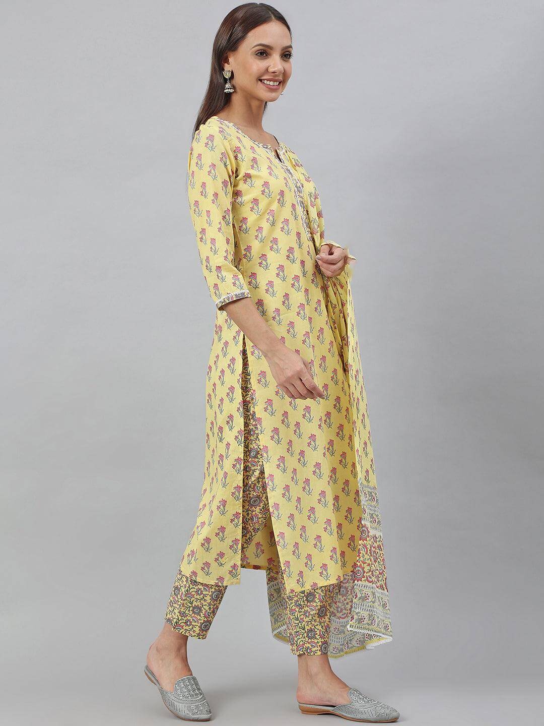 Yellow Cotton Floral Print Kurta With Pant And Dupatta