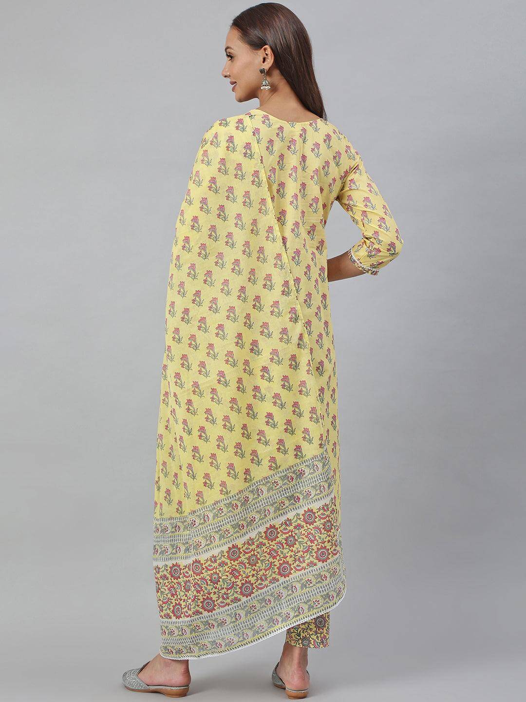 Yellow Cotton Floral Print Kurta With Pant And Dupatta