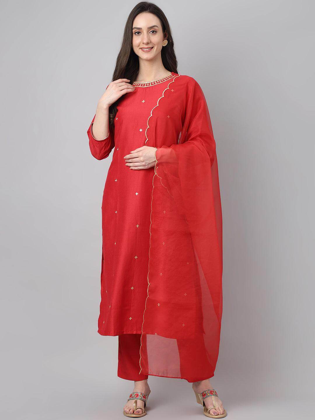 Women's Red Chinon Embroidered Kurta With Pant And Dupatta