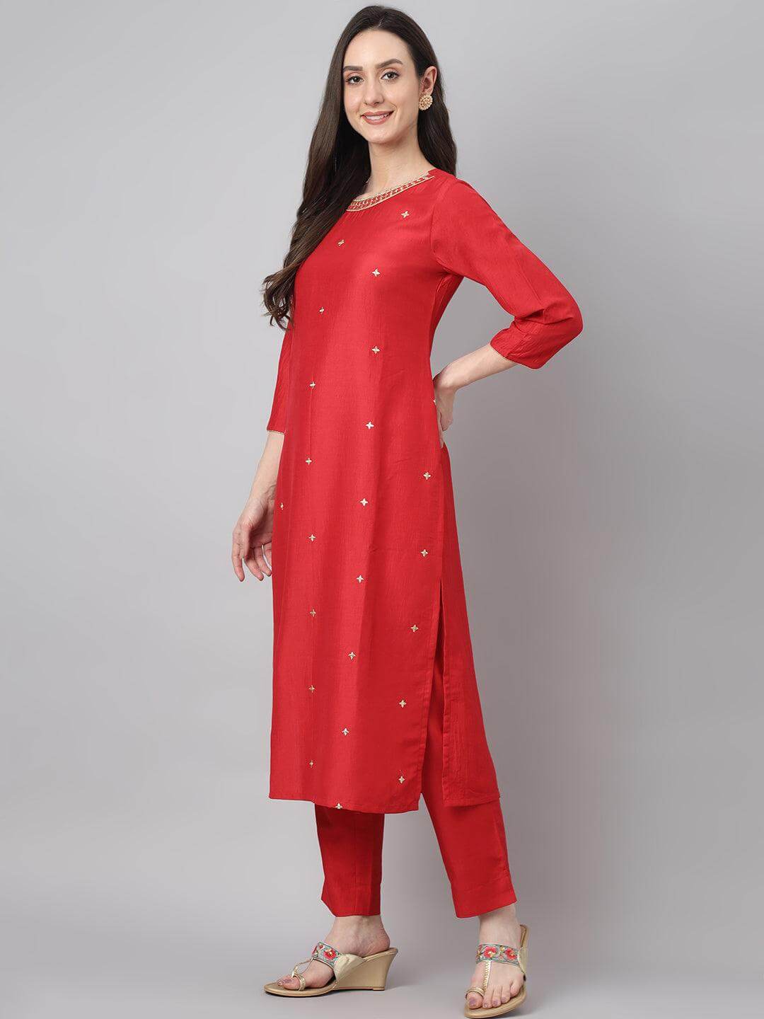 Women's Red Chinon Embroidered Kurta With Pant And Dupatta