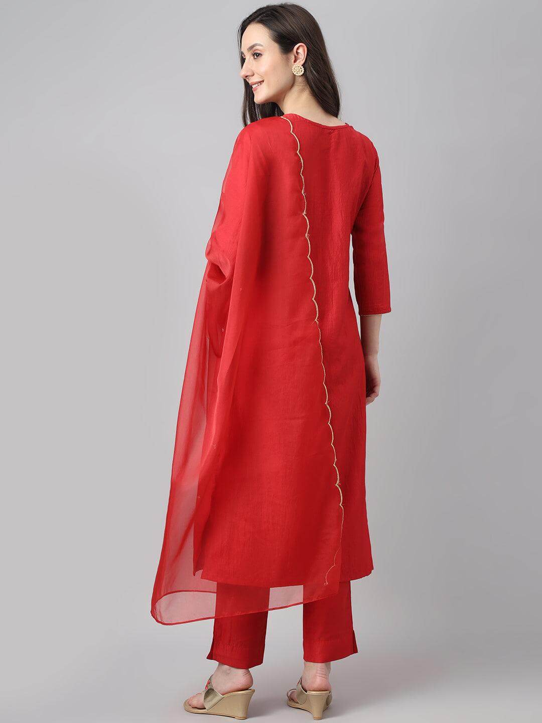 Women's Red Chinon Embroidered Kurta With Pant And Dupatta