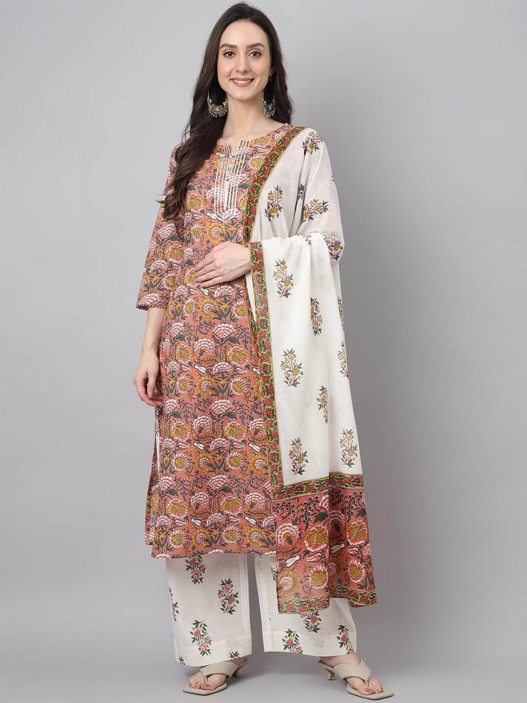 Women's Pink Cotton Floral Print Kurta With Palazzo And Dupatta