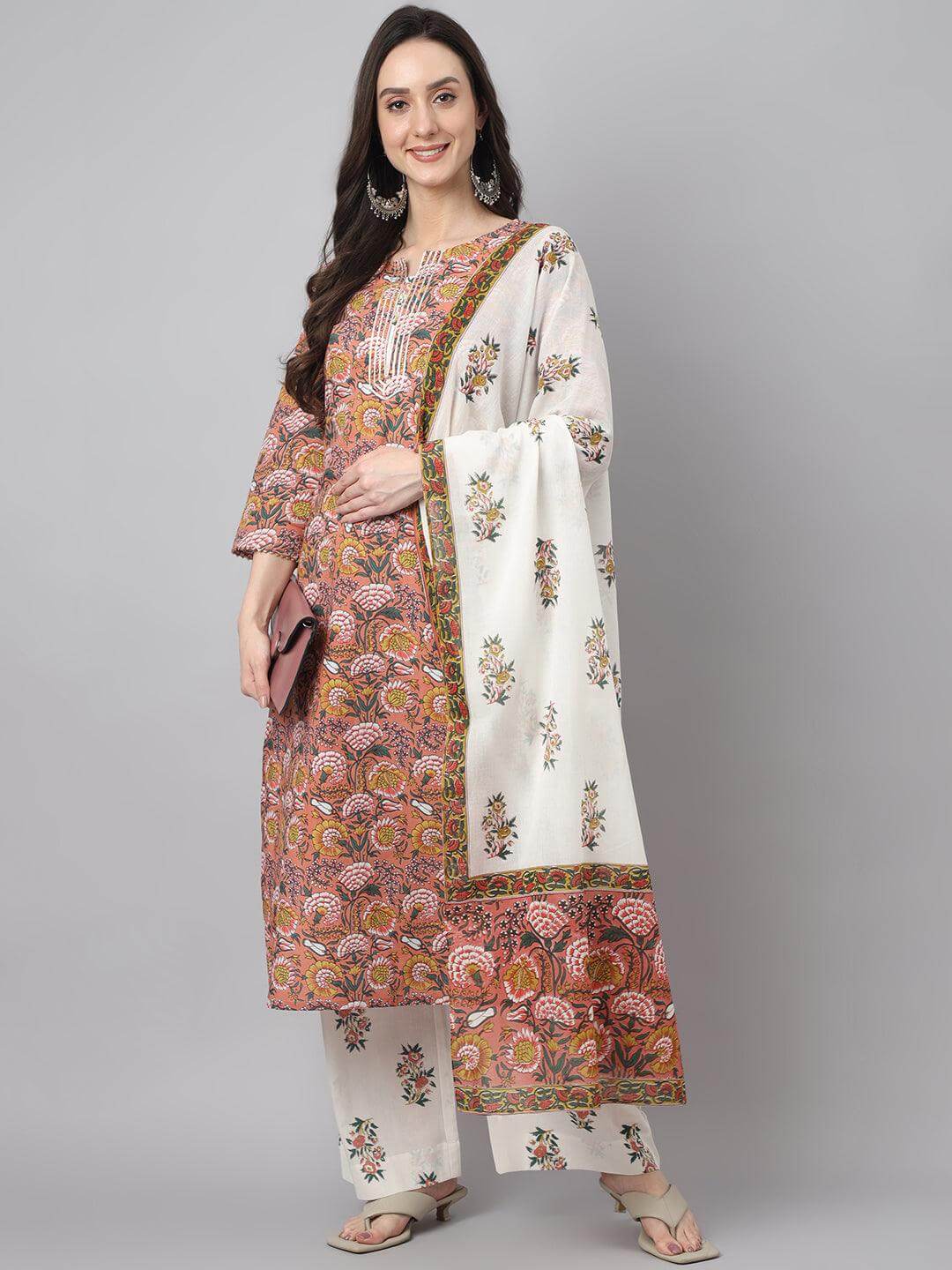 Women's Pink Cotton Floral Print Kurta With Palazzo And Dupatta