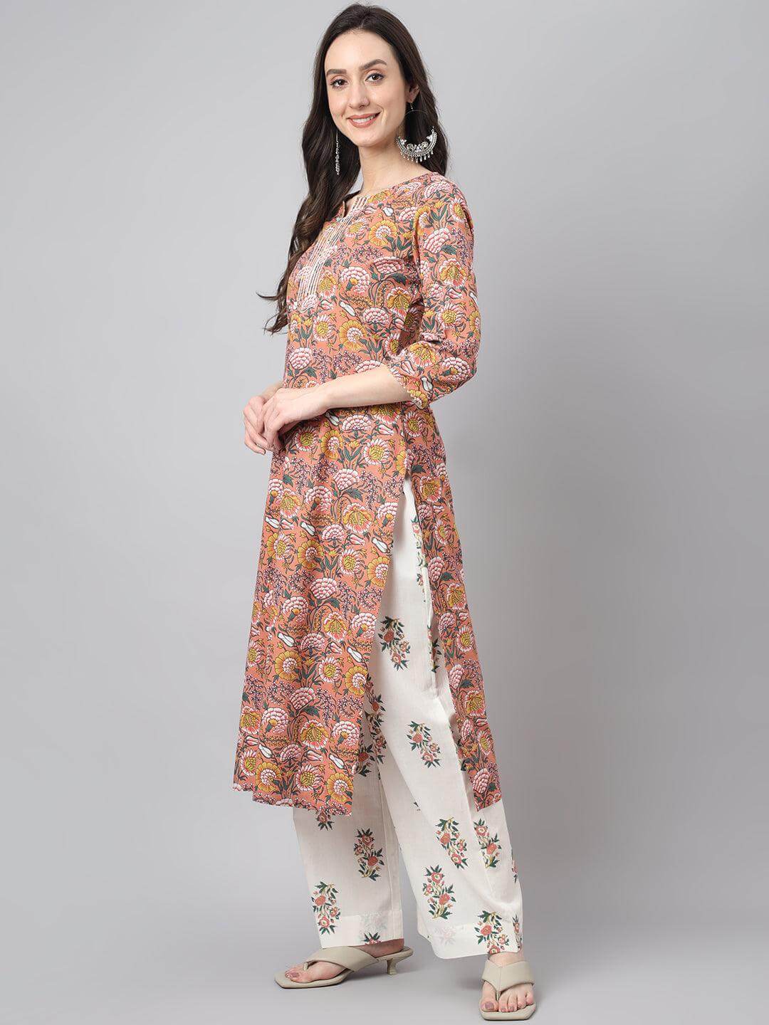 Women's Pink Cotton Floral Print Kurta With Palazzo And Dupatta