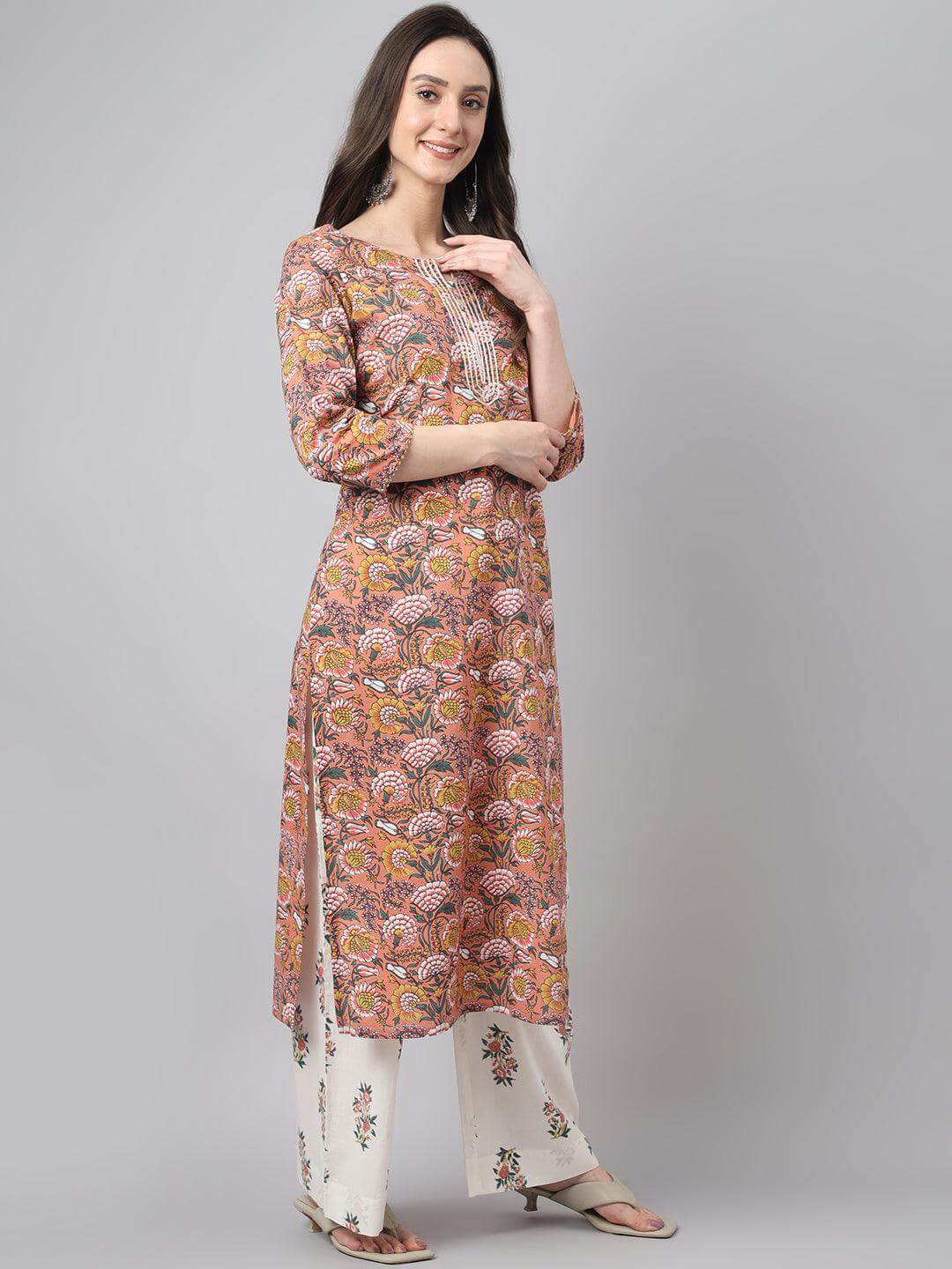 Women's Pink Cotton Floral Print Kurta With Palazzo And Dupatta