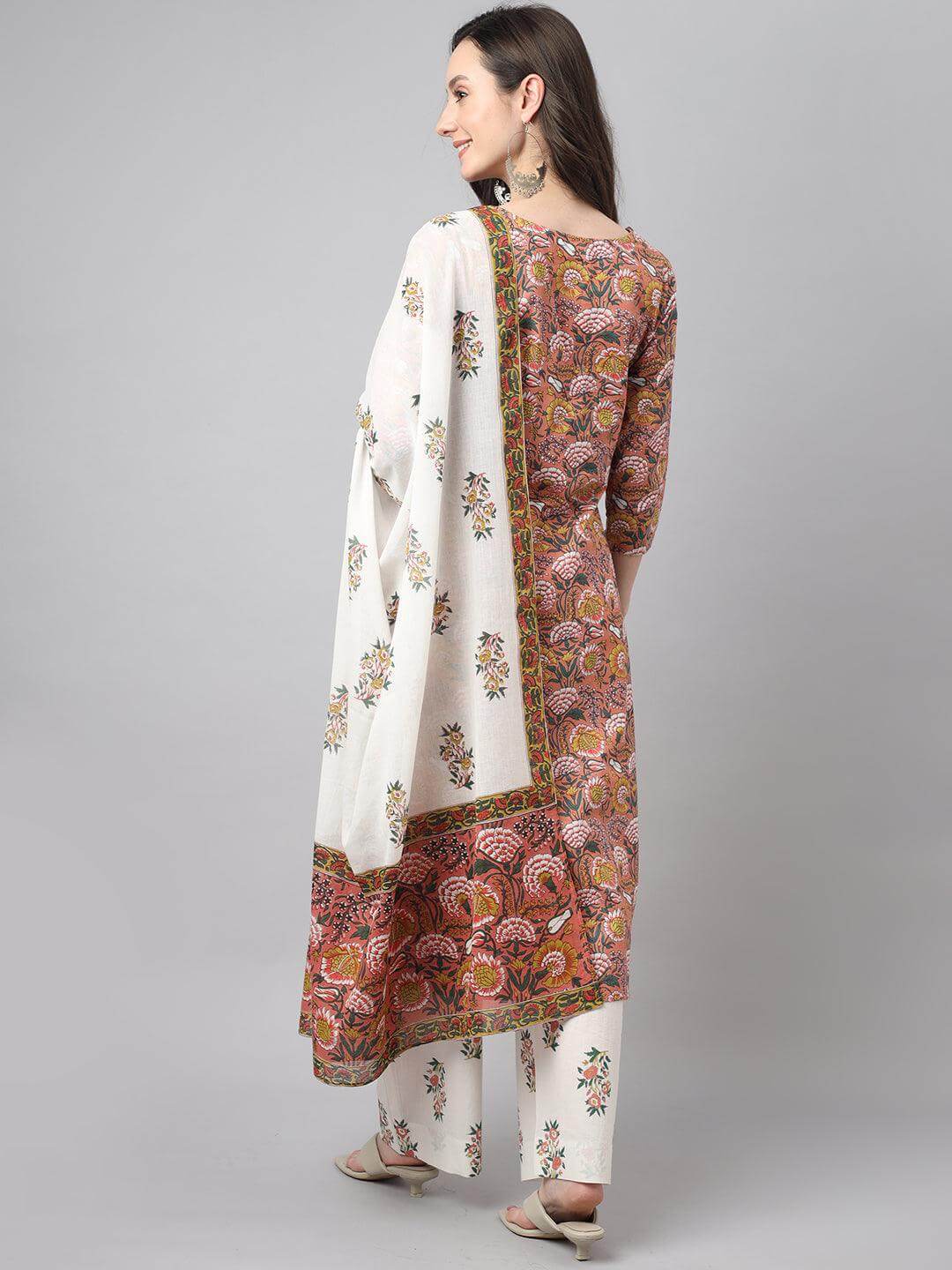 Women's Pink Cotton Floral Print Kurta With Palazzo And Dupatta