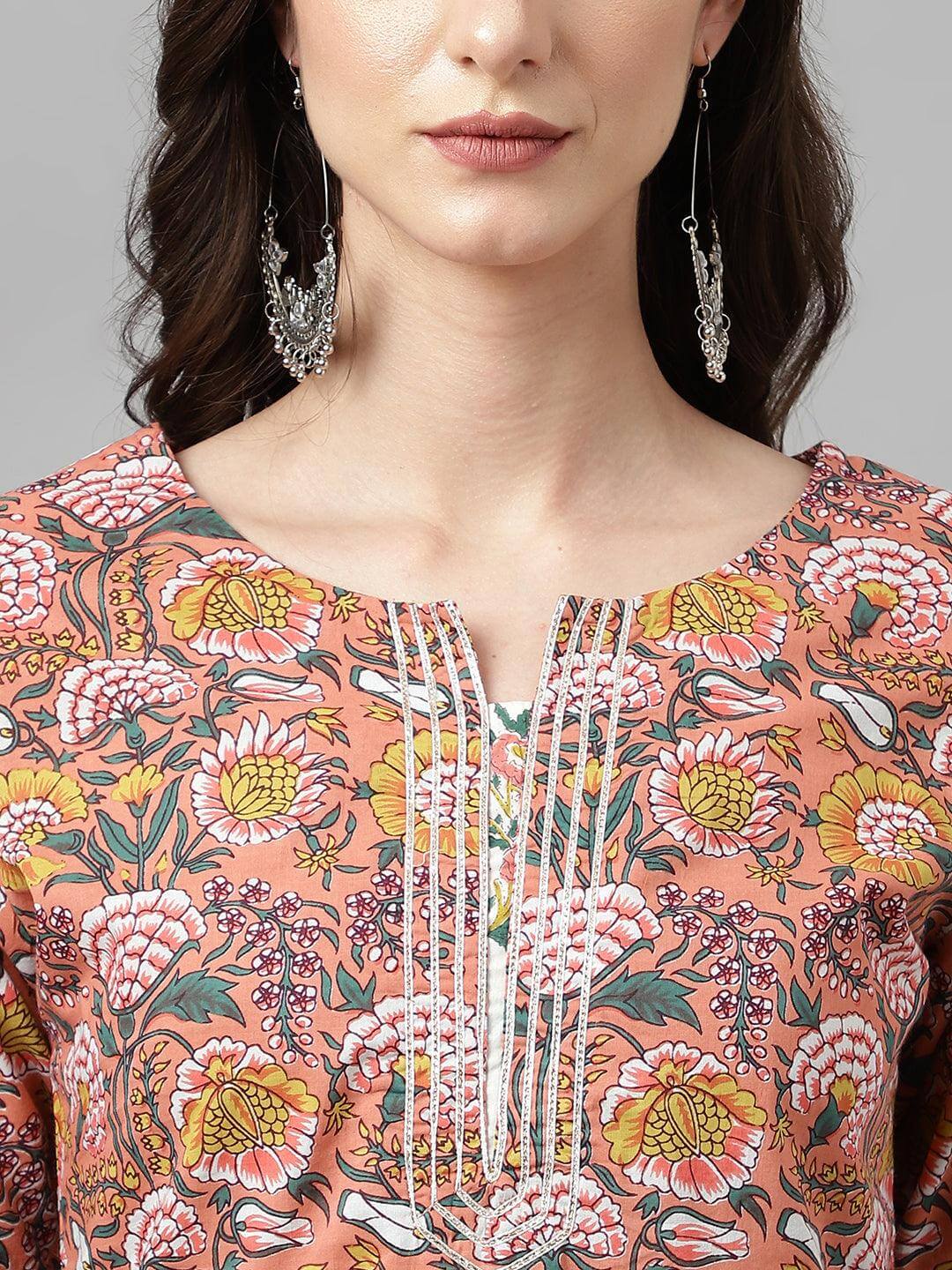 Women's Pink Cotton Floral Print Kurta With Palazzo And Dupatta