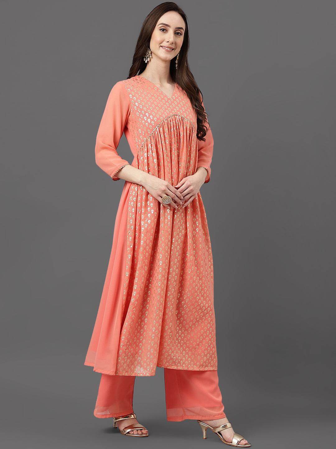Peach Georgette Foil Print Kurta With Palazzo And Dupatta